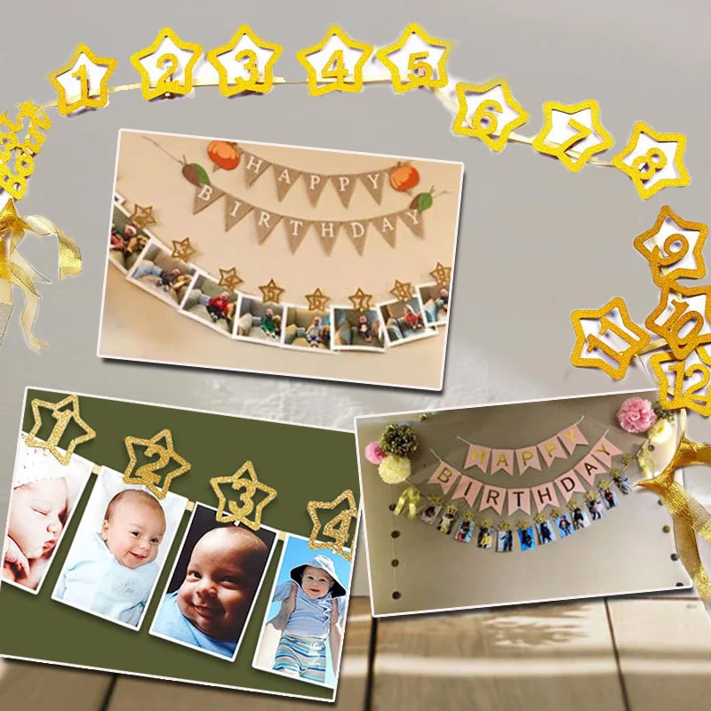 1 ensemble 0-12 mois bébé Photo bannière avec pince bébé douche or bannière 1st fête d'anniversaire décorations dessin animé chapeau