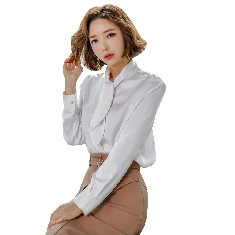 White Shirt Office Women Bow Collar Long Sleeve Single-breasted Work Blouse 2020 Spring Ladies Tops Plus Size Beaded Shirts - 4.00066E+12