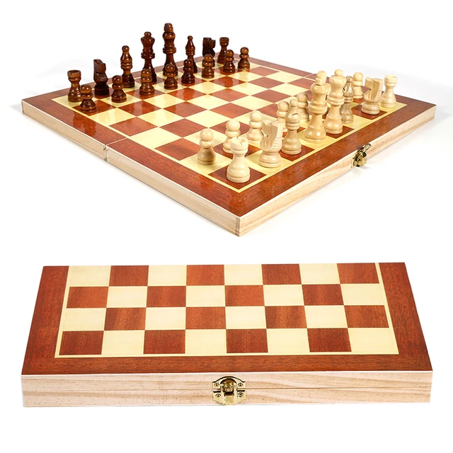 Buy Online Best Quality 3 IN 1 Wooden International Chess Set Wooden Chess Board Games Checkers Puzzle Game Engaged For Kids Birthday Gift
