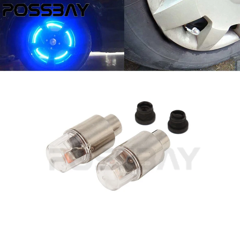 POSSBAY Universal 2PCS Car Tire Tyre Wheel LED Valve Cap Stem Lights Lighting Blue Decoration