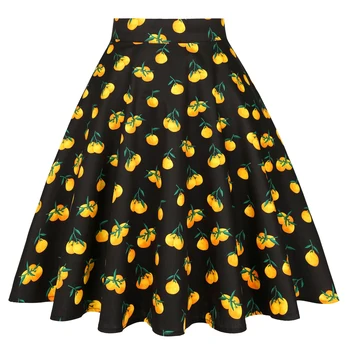 

2020 New Arrival Cotton A Line Vintage Skirts Womens High Waist Knee-Length Skater Skirt Summer Orange Fruit Print Black Skirt