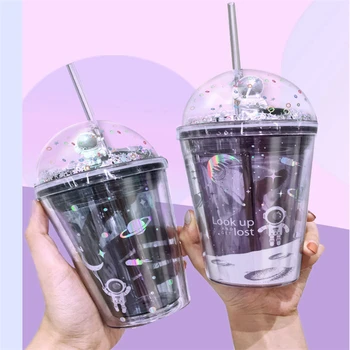 

Interstellar Roaming Double Straw Cup Creative Gift Children Adult Student Double Layer​ Anti-Scalding Cute Water Plastic Cups