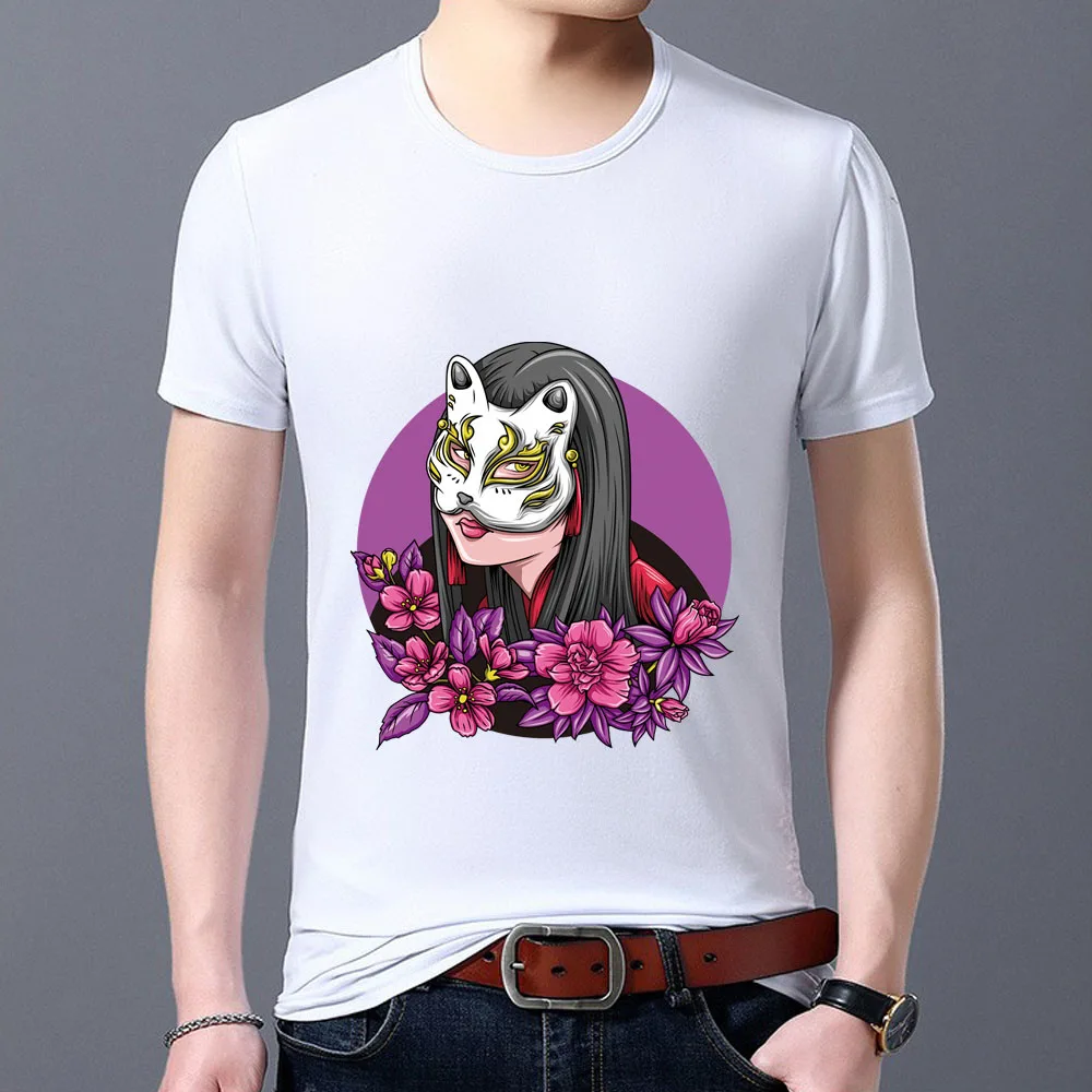 

Summer Man's TShirt Japanese Style Comics Mask Pattern Series Male Short Sleeve Tee Fashion Casual White Print Men Tops Clothes
