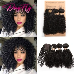 Short Human Hair Bundles With Closure Natural Mongolian Kinky Curly Bundles With Machine Made Closure 3 Bundles Curly Human Hair