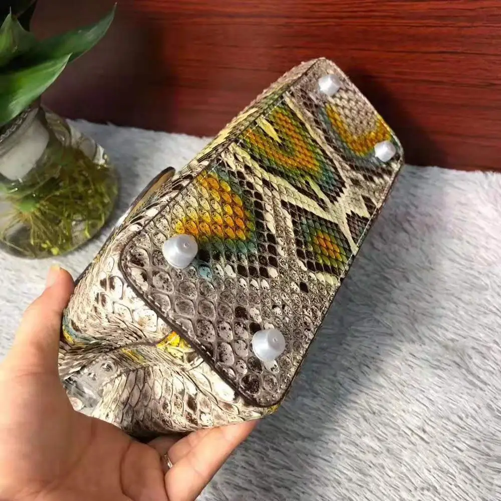 Настоящая/натуральная змеиная кожа женская сумка-тоут красочная женская сумка через плечо из кожи питона с подкладкой из коровьей кожи дизайн