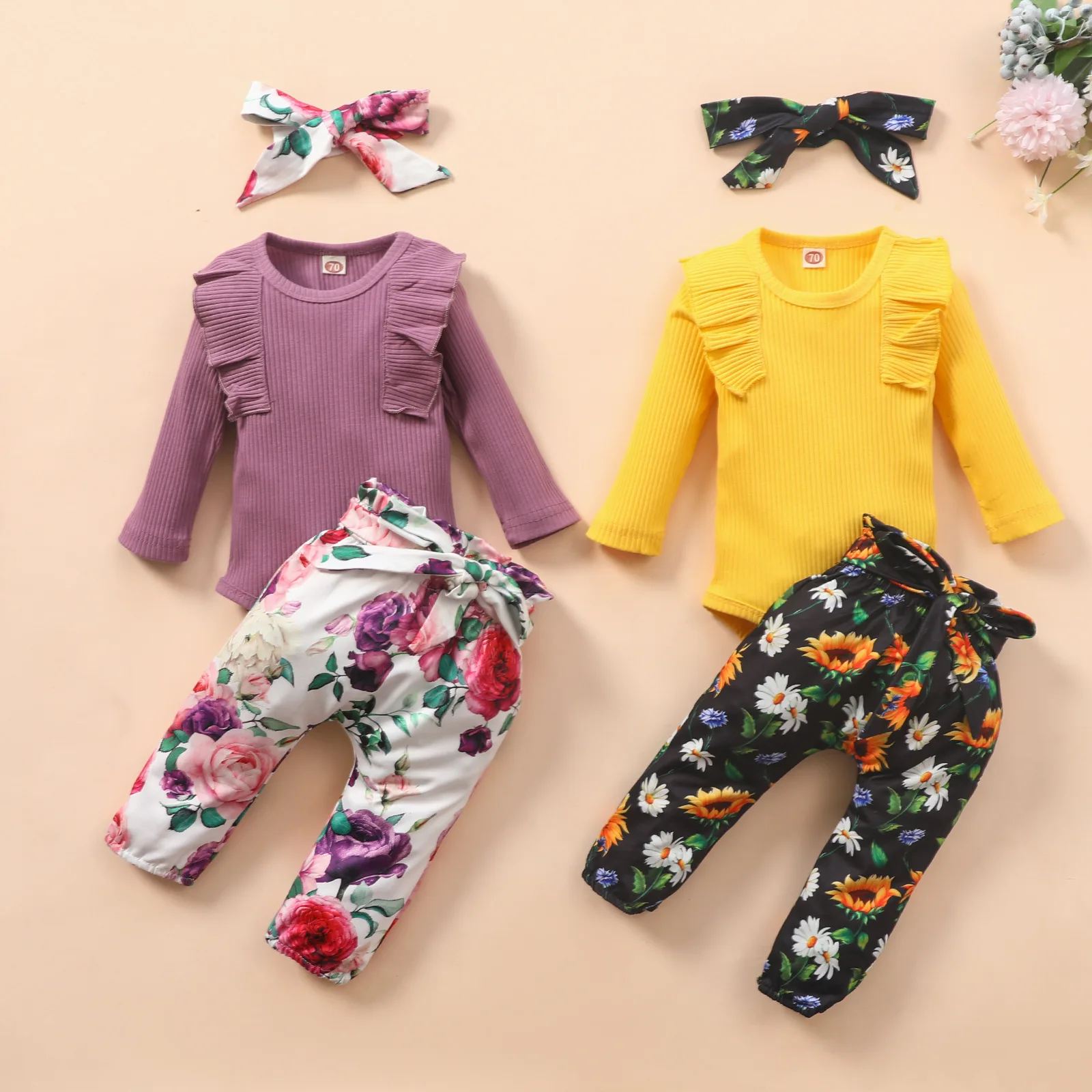 

Baby Girl Clothes Set Autumn Solid Color Hanging Romper and Flower Pants Suit European and American Baby Girl Suit