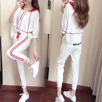 

2019 Summer and fall new lady's leisure sports 2-piece suit Korean fashion letter pattern cotton acrylic blended Outdoor sports