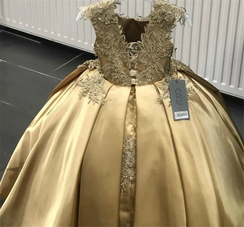 Gold Flower girl Dress for Wedding Lace Applique Satin Kids Birthday Party Dress Pageant Gown