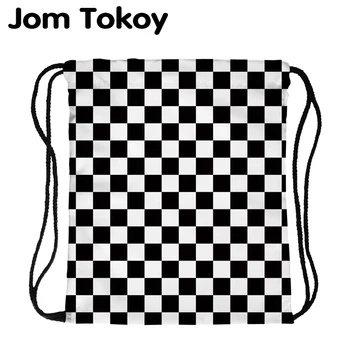

JomTokoy New Fashion Women Drawstring Backpack Black and white plaidPrinting Travel Softback Women Mochila Drawstring Bags