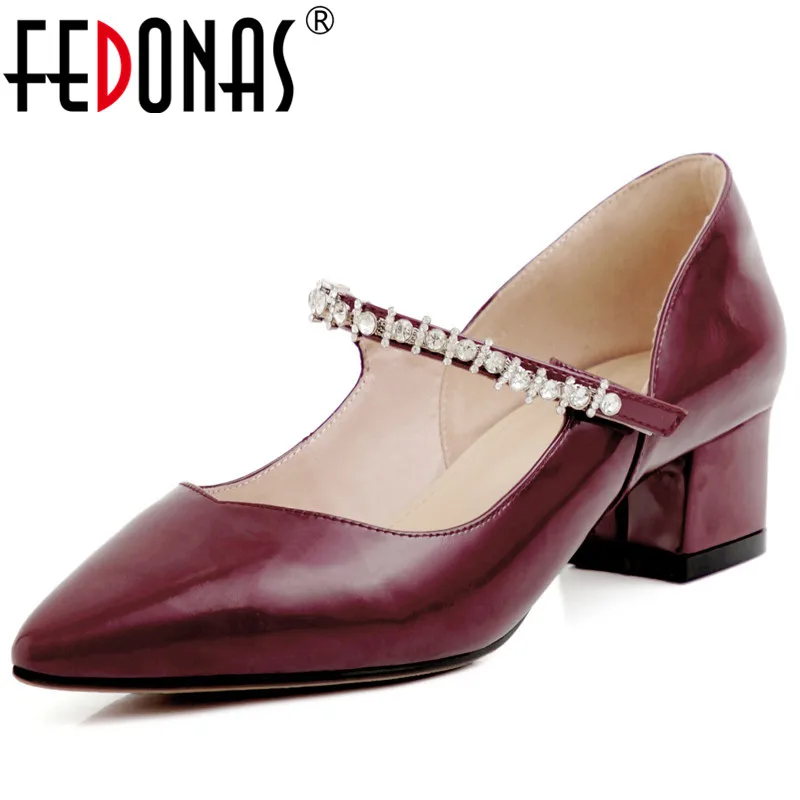 

FEDONAS Rhinestone Shallow Women Spring Summer Wedding Pumps Genuine Leather Pointed Toe Buckle Strap High Heeled Shoes Woman