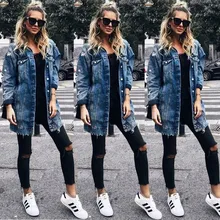 Women Casual Long Sleeve Jacket Patch Denim Ripped New Outwear Holes Jeans Blue Coat