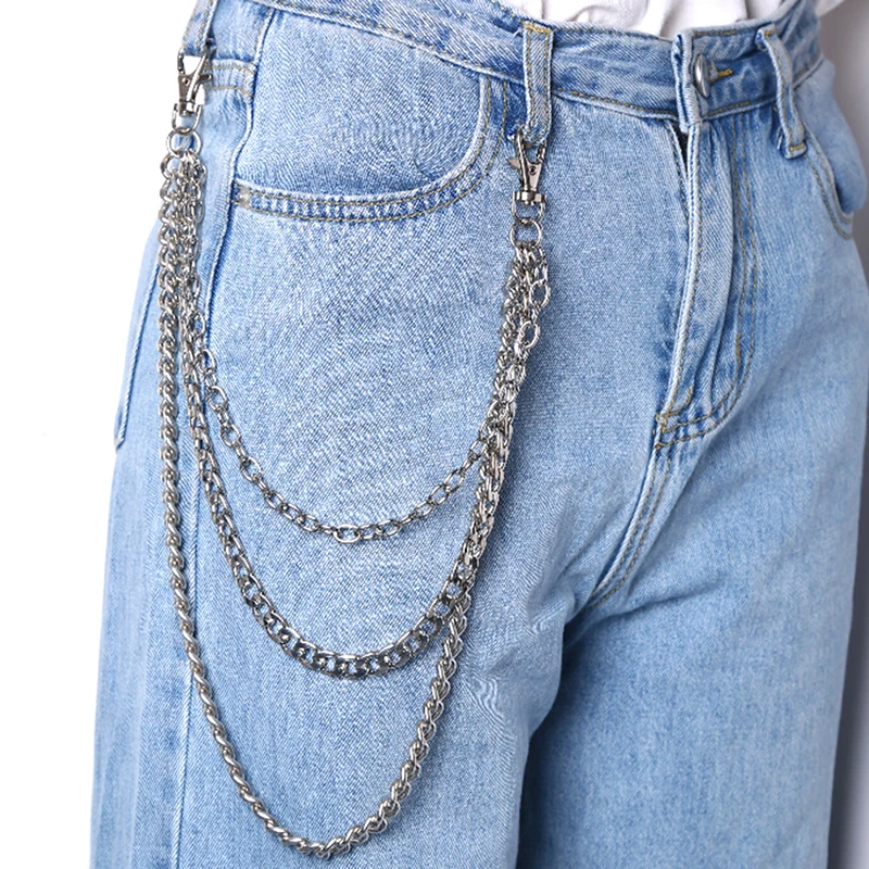 

3 Layers Stainless Steel Trouser Pant Wallet Belt Chain Ring Chain Punk Hook Silver Keyring Men's Three Strands Jewelry 1PC