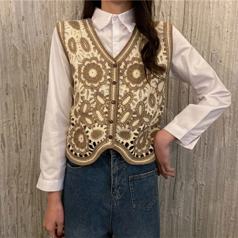 Women Vintage Hollow Out Crochet Crop Top Vest Embroidery Floral Sleeveless Jacket Cardigan Button Down Boho Hippie Casual New