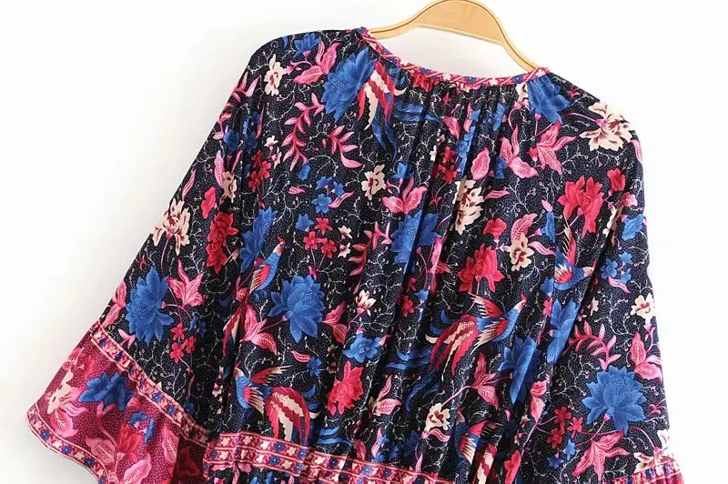 Boho шикарное женское платье с цветочным принтом и птицами, с расклешенными рукавами, богемное вискозное Хлопковое платье макси, женское платье с v-образным вырезом, на шнуровке, с оборками, vestidos