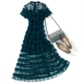 

New embroidery show thin cake bowknot lace dress with short sleeves of the dress girl