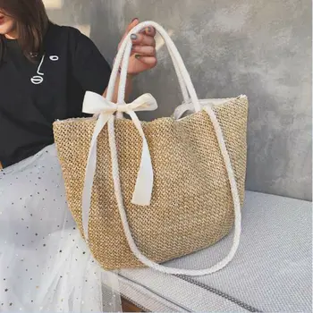 

Fashion Women´s Straw Woven Bag Rattan Ribbon Bowknot Shoulder Bags Traveling Handbags Female