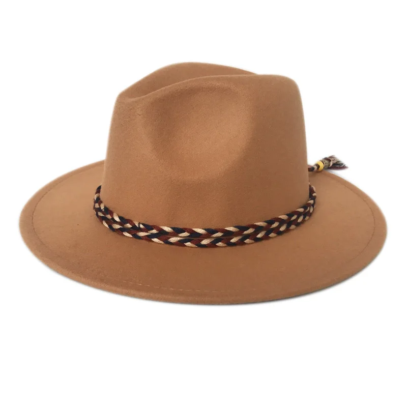 YY широкополый шерстяной войлок Джаз Fedora шляпы красочные веревки Панама мужские осенние Трилби женские Gambler церковные шляпы Боулер FD19012 - Цвет: Camel Felt Panama