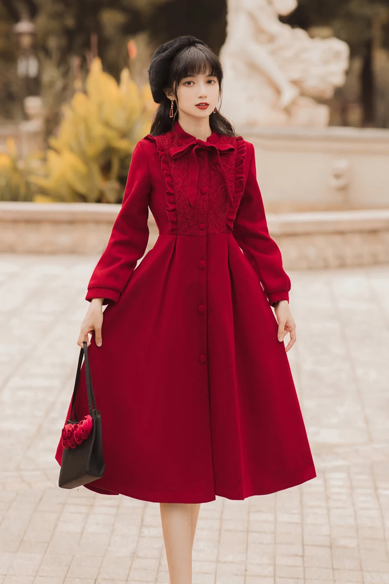 

Winter Burgundy Wool Coat Women Vintage Bow Lace Mandarin Collar Long Design Woolen Jackets Fall Clothes For Elegant Slim Lady