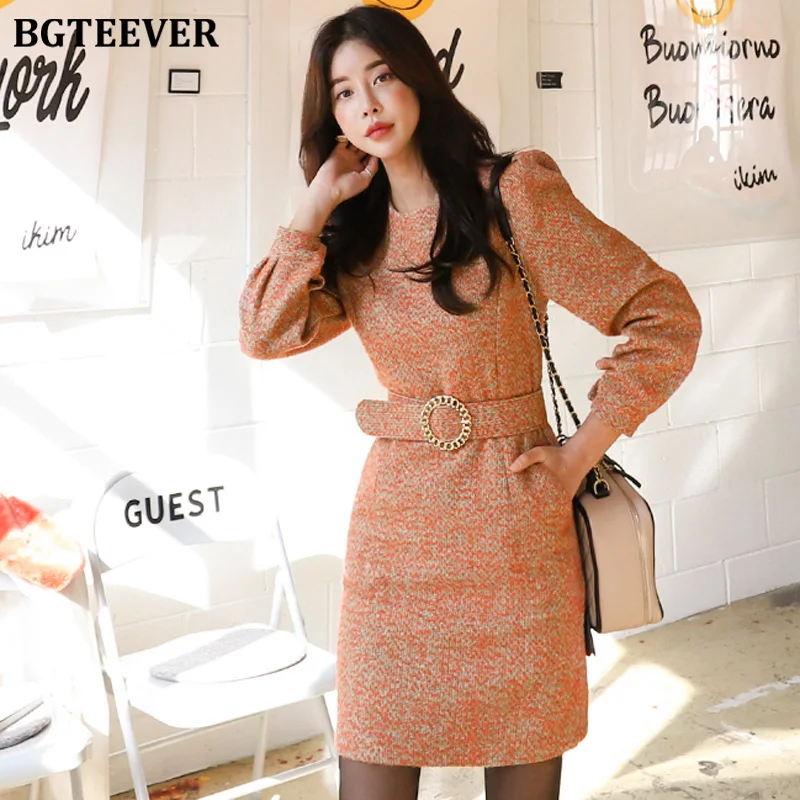 BGTEEVER Officewear O-neck Women Dress Full Sleeve Sashes Belted Female Autumn Winter Knee-length Vestidos Femme 2019 | Женская одежда