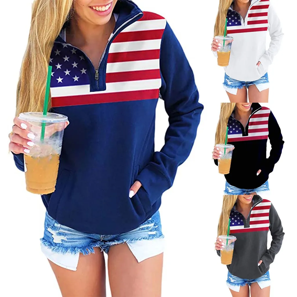 Sweatshirt Women American Flag Print Sweatshirt Oversized V neck Long