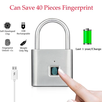 

Fingerprint Door Lock Smart Padlock Thumbprint Padlocks Portable Keyless USB Rechargeable Anti-Theft for Bag Drawer Suitcase