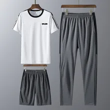 Men's Sports Leisure Suit Summer Short Sleeve T-shirt Korean Version Leisure Middle-aged and Elderly Three Piece Suit Summer