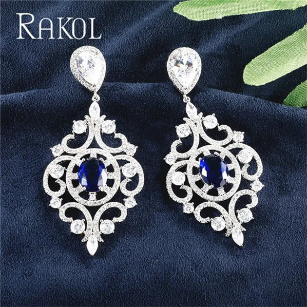 RAKOL новая мода большой цветочный узор форма кубический циркон Висячие серьги для женщин Свадебное платье ювелирные аксессуары RE423206 - Окраска металла: Blue