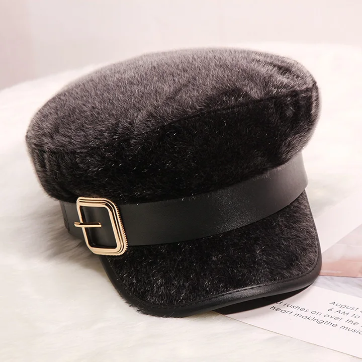 H746 Женская Берет Шляпа женская осень зима Корейская металлическая кнопка темно-синяя гладкая Кепка девушка Британский ретро сплошной цвет повседневные теплые шапки