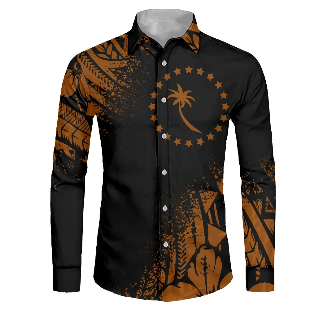 

HYCOOL Chuuk Island 6xl Plus Size Men Clothing Fall Black Long Sleeve Shirt Custom Logo Polynesian Tribal Print Button Up Shirt