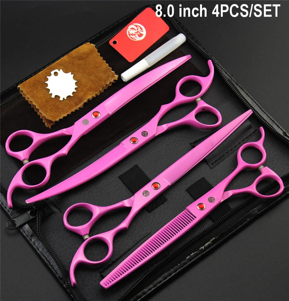 Professional Pet Grooming Scissors Set 7 inch 8 inch Hair Cutting Thinning Curved Pet Clipper Dog Shears 4pcs/set and Bag