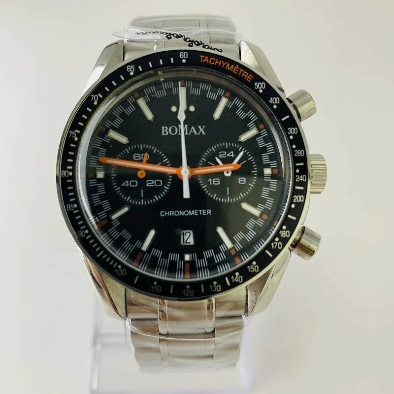

Watch Men 42mm Chronograph Luminous Japan miyota OS20 Movement Quartz Date Steel Strap Bracelet Black Bezel Waterproof Watch A1
