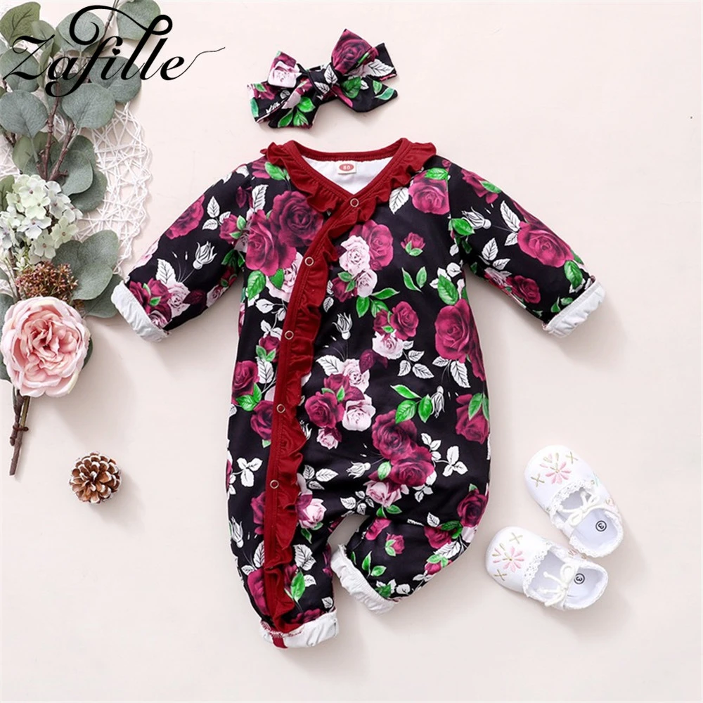 Baby Bodysuits classic ZAFILLE Floral Clothes For Newborns Girl Long Sleeve Baby Romper Ruffles Jumpsuit For Kids and Headband Baby Girl Winter Clothes coloured baby bodysuits