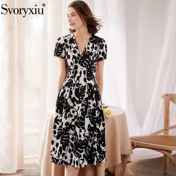 

Svoryxiu Runway High-End Cotton Summer Dress Women's Fashion Short Sleeve V-Neck Black Flower Print Slim Midi Dresses Vestdios