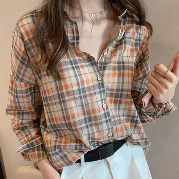 

Retro Hong Kong flavor plaid shirt female thin section loose was thin and long shirt sunscreen jacket coat