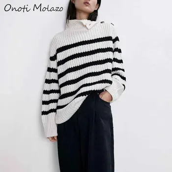 

Onoti Molazo Casual Knitted Sweater Pullovers Women Striped Winter Buttons Elegant Ladies Chic Sweaters Pullovers Femme 2019 New