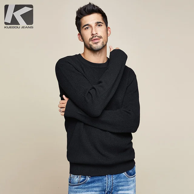 $US $29.03  KUEGOU 2019 Autumn Plain Black Army Green Sweater Men Pullover Casual Jumper For Male Brand Knitted
