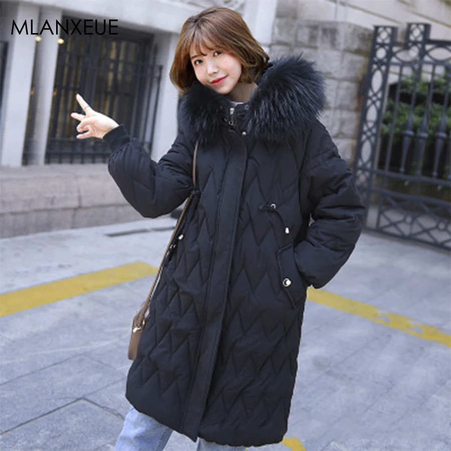 

Warm Fur Hooded Long Down Coats Women Winter Korean Female Down Jacket Solid Pocket Zipper Vogue Parka Coats Plus Size Outerwear