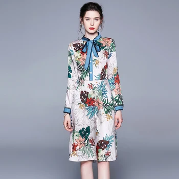 

2019 summer new bow tie long sleeve positioning print slim slimming French dress