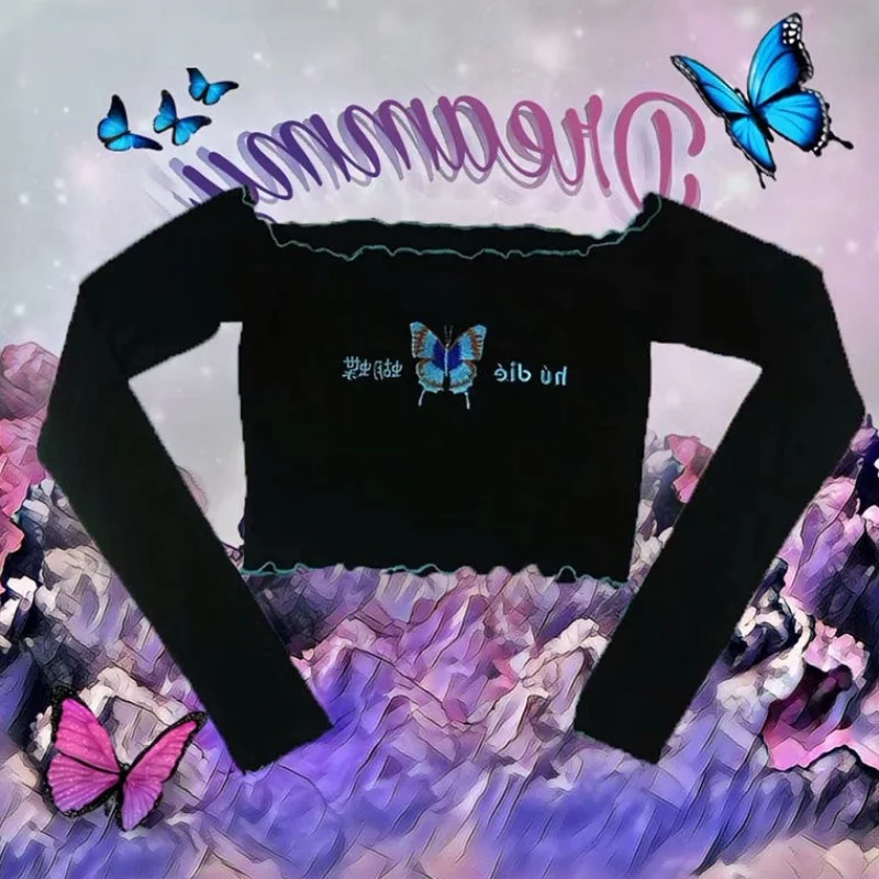 

Punk Harajuku Crop Top Long Sleeve Butterfly unif Tumblr Aesthetic Chinese Letter Embroidery Fall Cropped Top Tshirt Dropship
