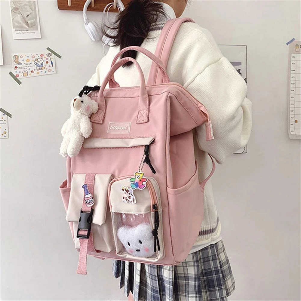 Mochila de rosa impermeable para mujer, morral Kawaii con Pin Kawaii, morral de viaje bonito para chica adolescente, 2021|Mochilas escolares| -