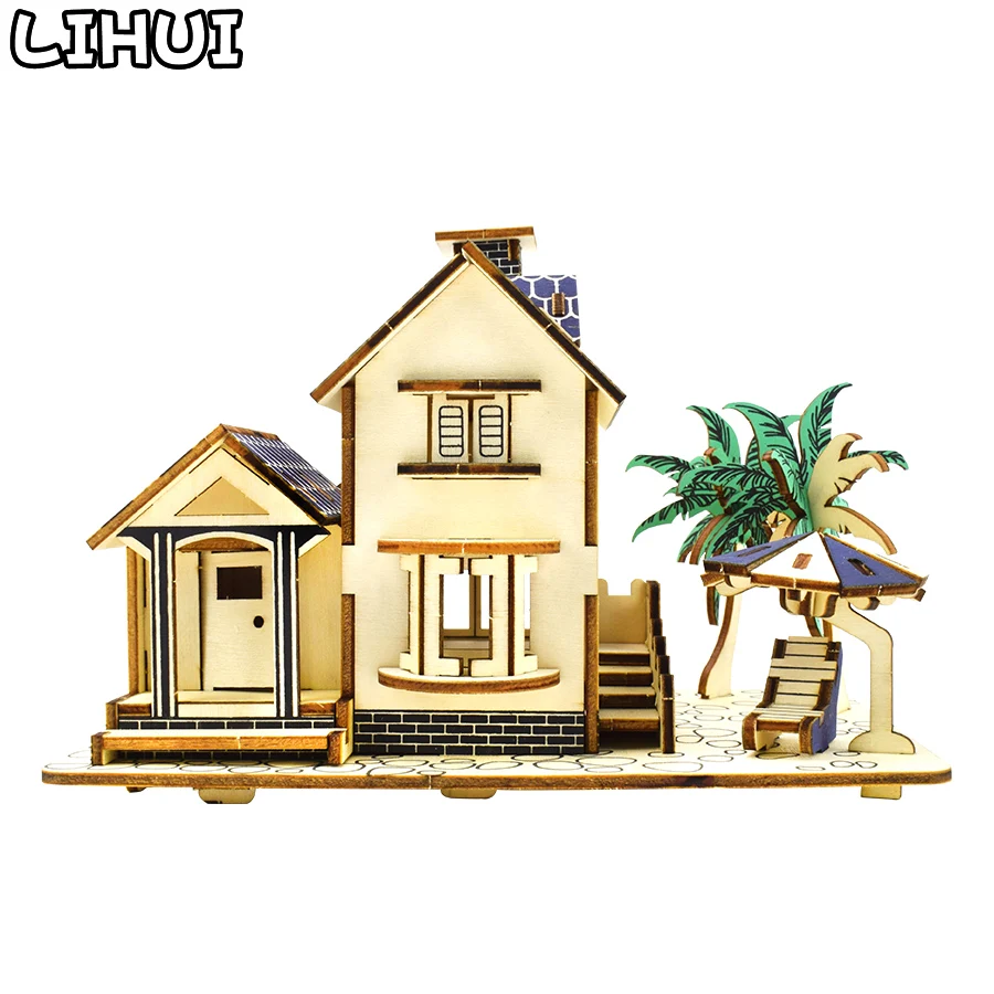 3D деревянные головоломки игрушки головоломки Архитектура DIY вид на море Вилла Дом Строительство Шаблон Детские пазлы развивающая деревянная игрушка, подарок
