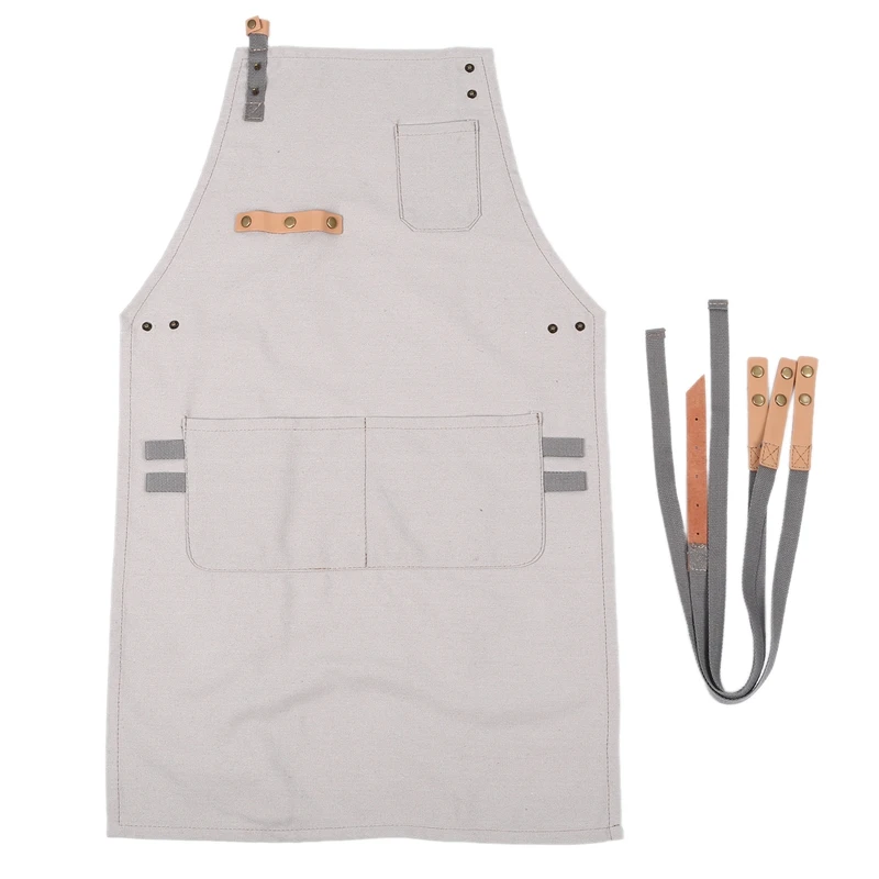 1 Pcs Beige Apron Durable Canvas Working Apron Cross-Back Straps and Adjustable with Pockets, for Women Men Use in Home School C