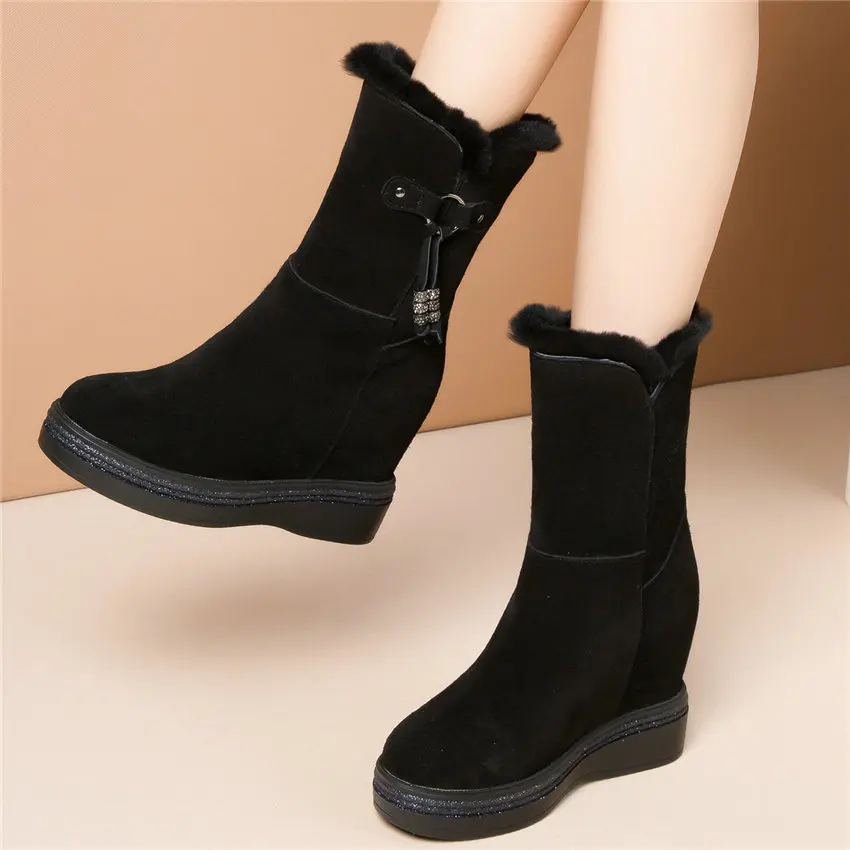Punk Goth Trainers Women Cow Leather Wedges High Heel Snow Boots Rabbit Fur Platform Pumps High Top Winter Warm Fashion Sneakers