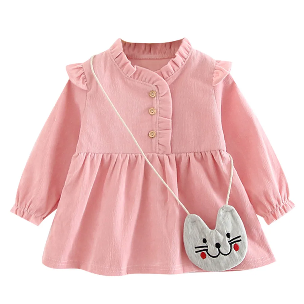 Платье для новорожденных; детское платье для девочек; платье принцессы с длинными рукавами и оборками+ сумка; комплект одежды; платье для дня рождения - Цвет: Розовый