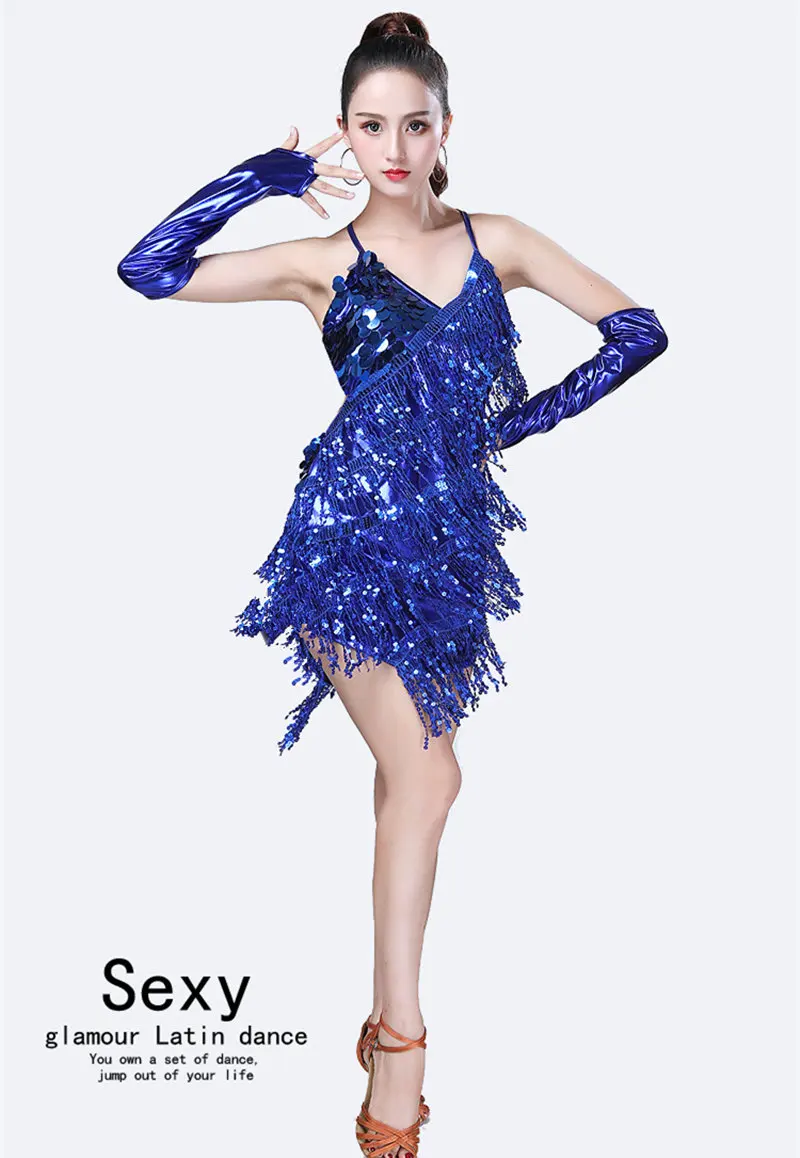 royal blue Одежда для латинских танцев, женские новые танцевальные костюмы с блестками и кисточками, женские костюмы для выступлений, танцевальные платья для соревнований - Цвет: royal blue