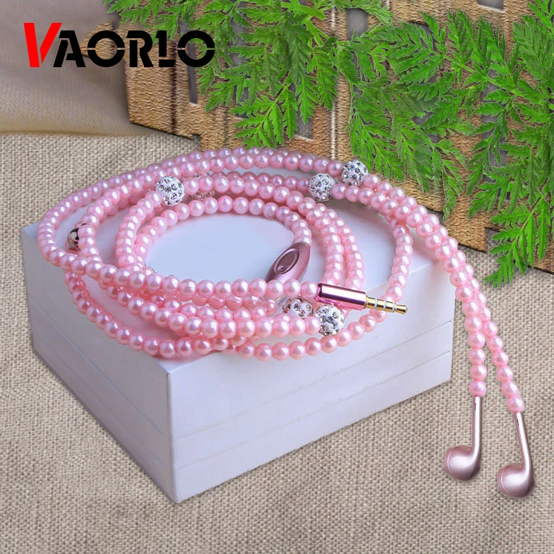 VAORLO 3.5mm Pearl Necklace Earphone Pink Rhinestone Jewelry In-Ear Headset With Mic For Samsung Xiaomi Girl Birthday Gift | Электроника