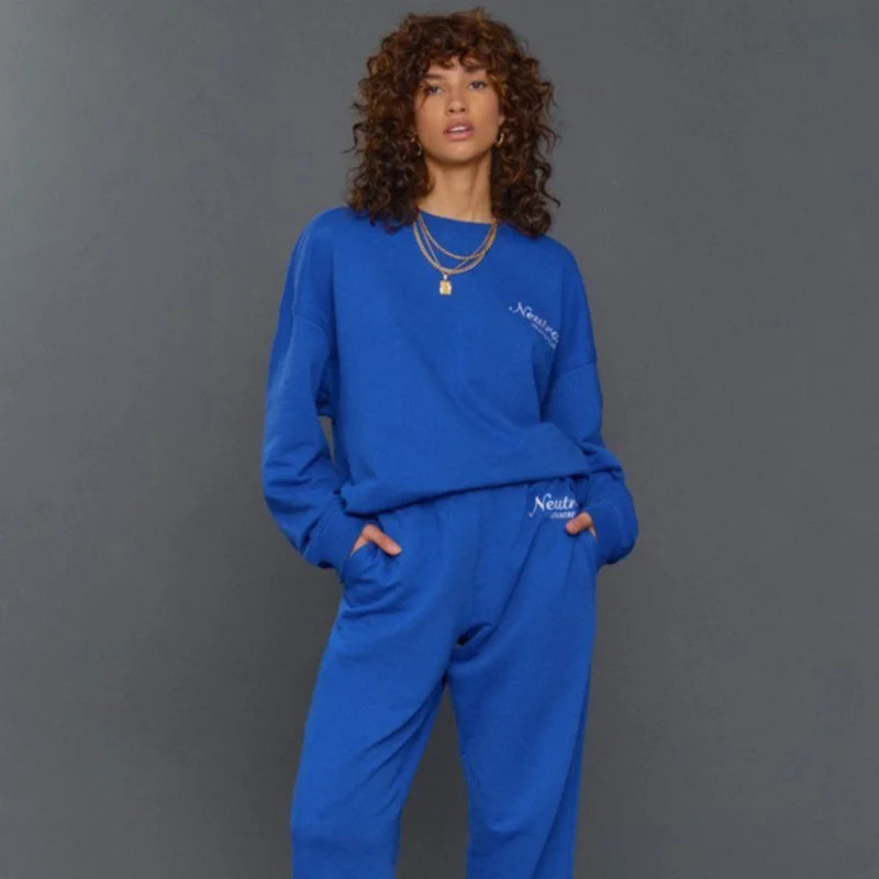 2 Piece Set Women Tracksuit Blue Oversized Sweatshirts Loose Sweatpants Neutrals Letter Jaded Casual London Women's Tracksuits | Спорт и