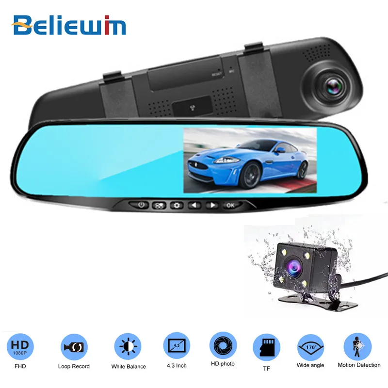 Online Cámara DVR para coche de 4,3 pulgadas Full HD 1080P espejo retrovisor grabadora de vídeo Digital cámara de doble lente Auto registrador