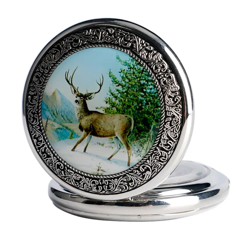 Retro Elk Design Steampunk Hand Winding Mechanical Pocket Watch for Mens Womens Full Hunter Clock with Fob Chain Roman Number