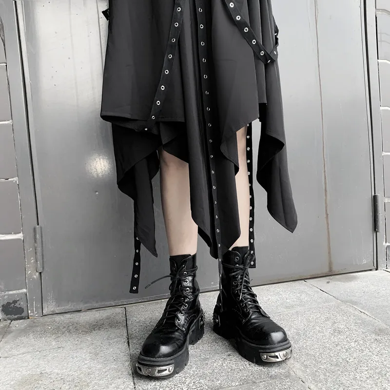 Пружинные ленты Harajuku панк стиль юбки для женщин высокая талия сплайсинга нерегулярные Готический юбка мода до середины икры уличная одежда